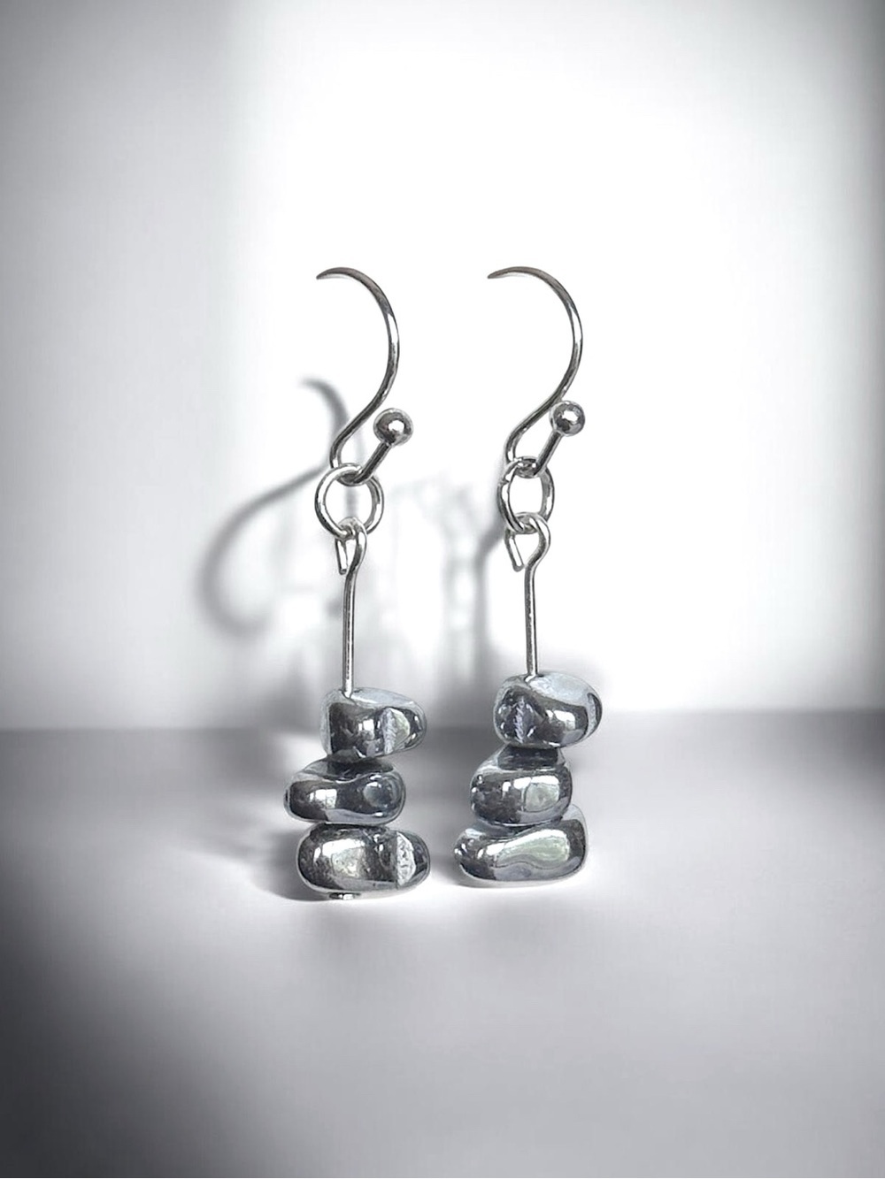 5 For $25💫Silver Hematite Stacked Pebble Drop Earrings - Silver - Picture 3 of 4